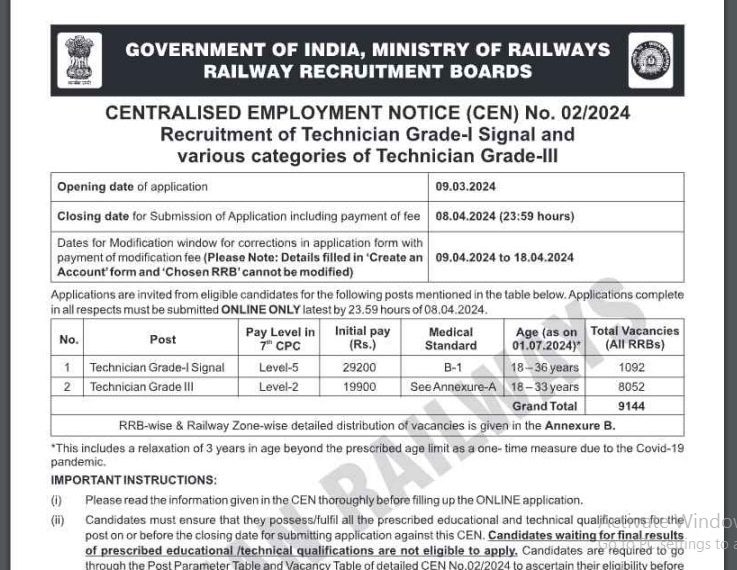 Railway Recruitment Board Ask to Apply RRB Recruitment 2024 Apply form 9144 Techniciaan Vacancy through asktoapplycg.com