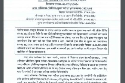 Uttar Pradesh Subordinate Services Selection Commission Ask to Apply UPSSSC Recruitment 2024 Apply form 2847 Junior Engineer Vacancy through
