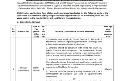 Gujarat Metro Rail Corporation Limited Ask to Apply GMRCL Recruitment 2024 Apply form 39 Supervisor Vacancy through asktoapplycg.com