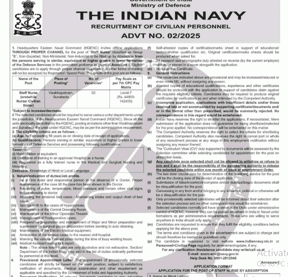 Indian Navy Ask to Apply Indian Navy Recruitment 2024 Apply form 02 Staff Nurse Vacancy through asktoapplycg.com