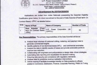 Feature image Uttar Pradesh Power Corporation Limited Ask to Apply UPPCL Recruitment 2024 Apply form 02 Data Scientist Vacancy through asktoapplycg.com